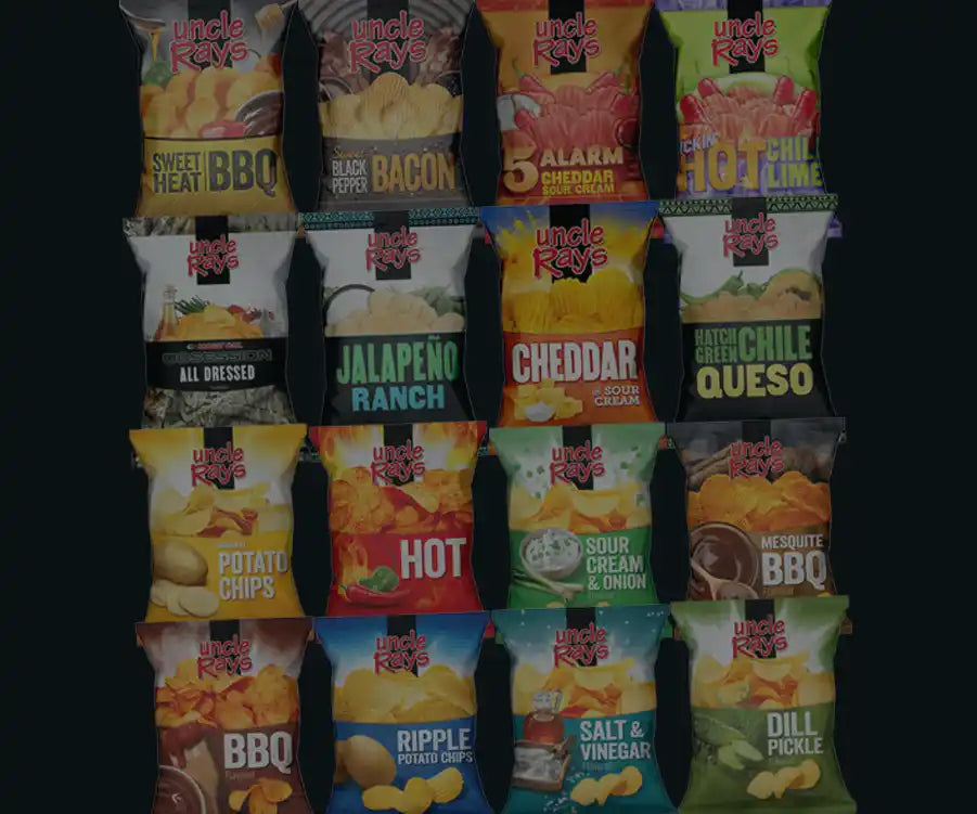 Display of Uncle Ray's potato chip packages in various flavors on a black background