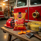 Uncle Ray's 5 Alarm Cheddar Sour Cream chips with a fire truck and firefighter helmet in the background.