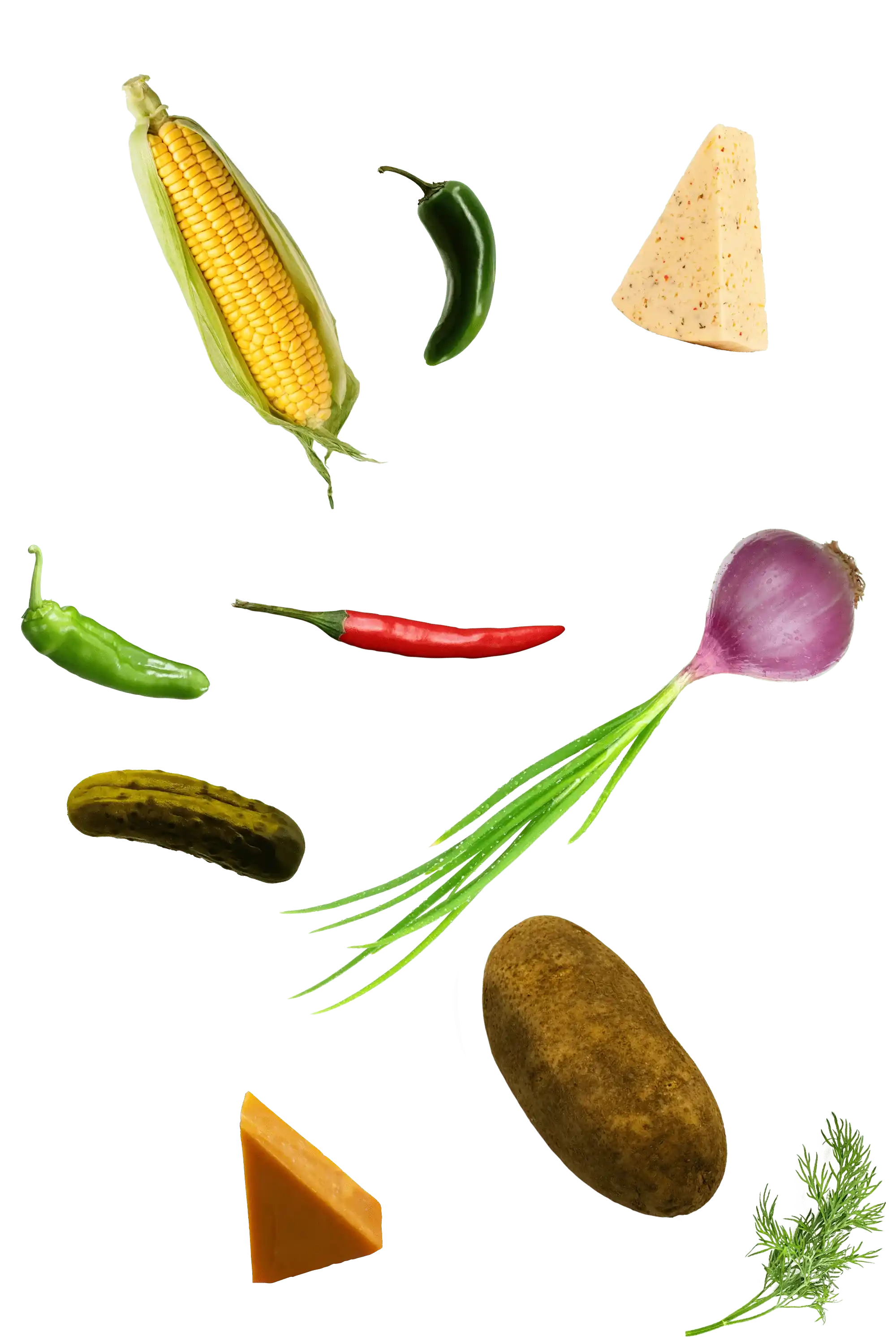 Assorted vegetables including corn, peppers, and a potato on a white background