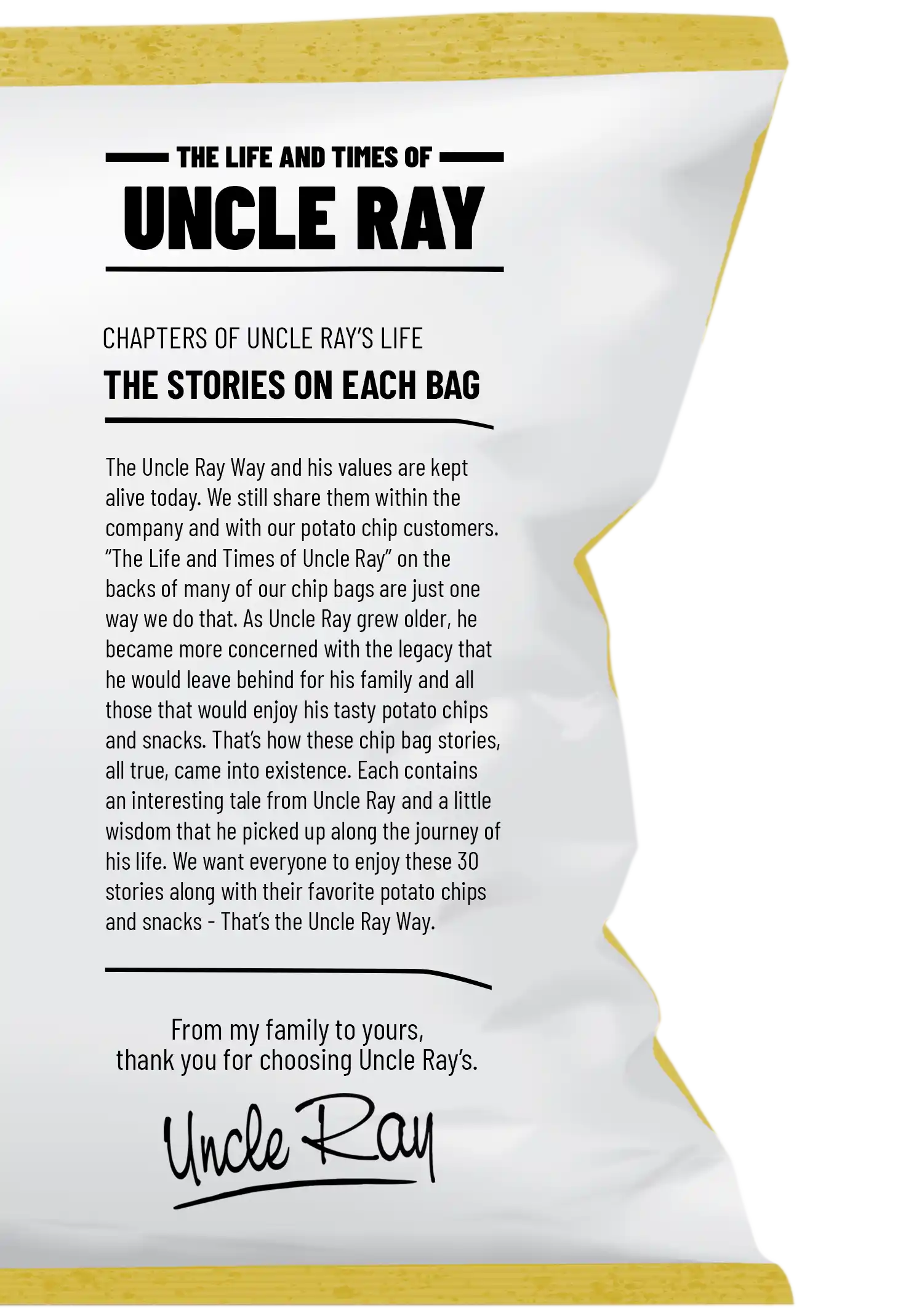 Back of a potato chip bag with 'Uncle Ray' branding and text.