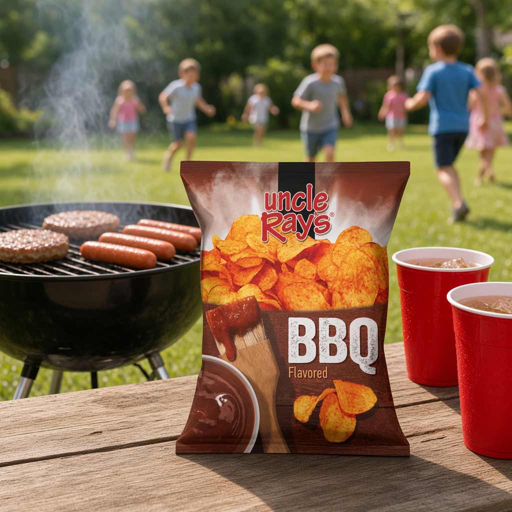 A bag of Uncle Ray's BBQ Flavored potato chips stands on a wooden table in a backyard setting, with a charcoal grill, burgers, and red plastic cups in the foreground, and children running on a grassy lawn in the background.