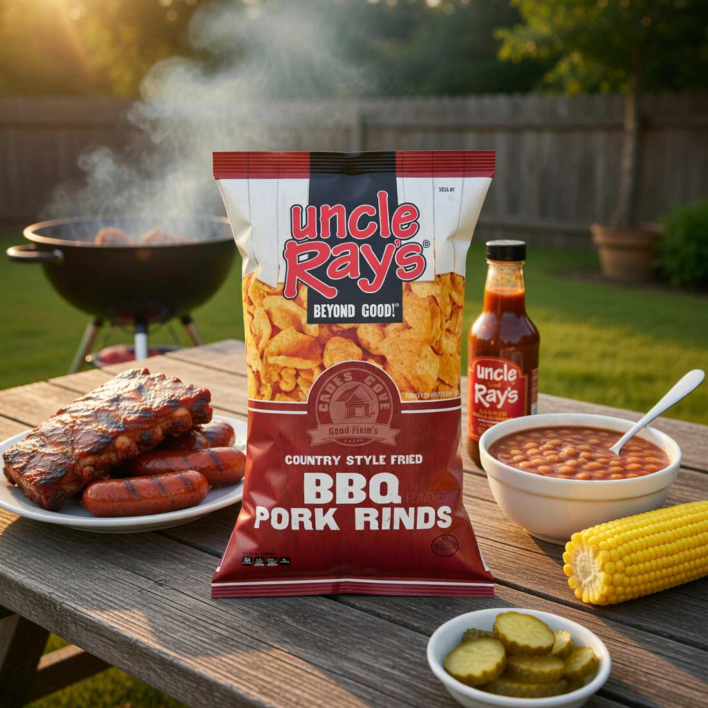 Uncle Ray's BBQ Pork Rinds package on a table with barbecue food in an outdoor setting
