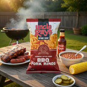 Uncle Ray's BBQ Pork Rinds package on a table with barbecue food in an outdoor setting