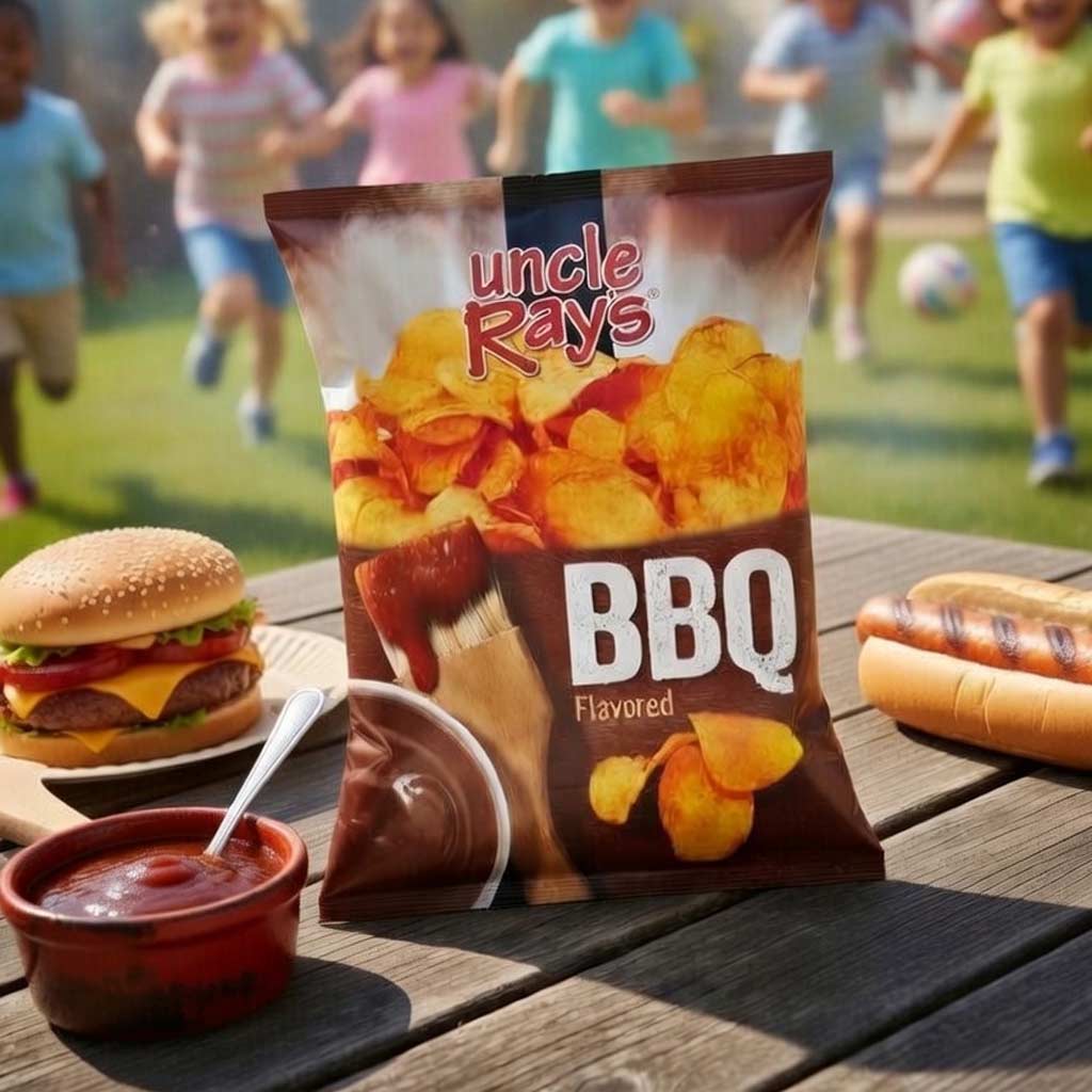Bag of Uncle Ray's BBQ flavored chips on a table with a burger and hot dogs in the background