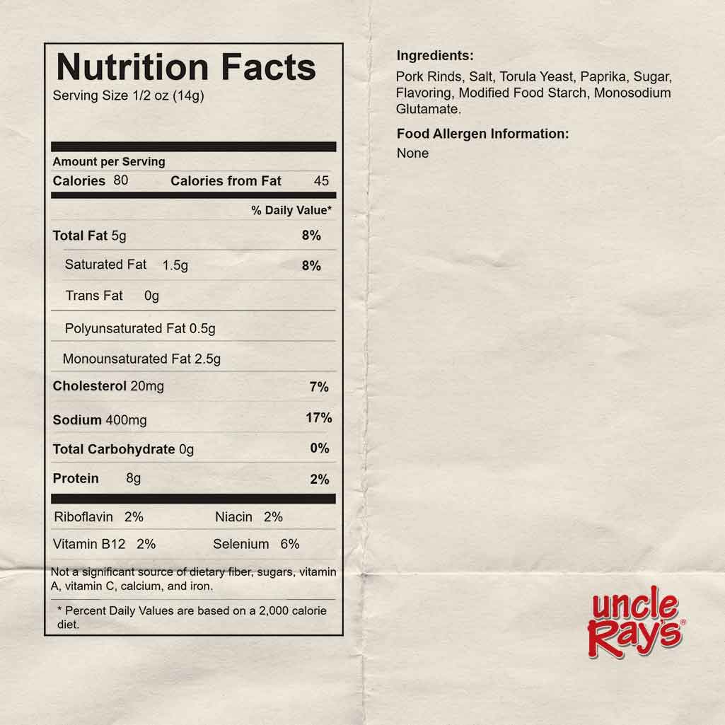 Nutrition facts label for Uncle Ray's BBQ pork rinds on a beige background