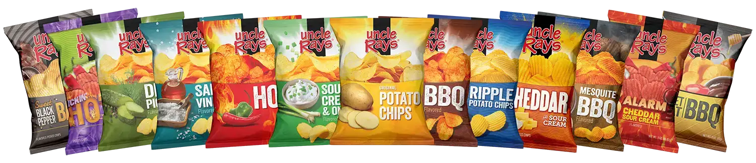 Assorted bags of Uncle Ray's flavored potato chips in a row
