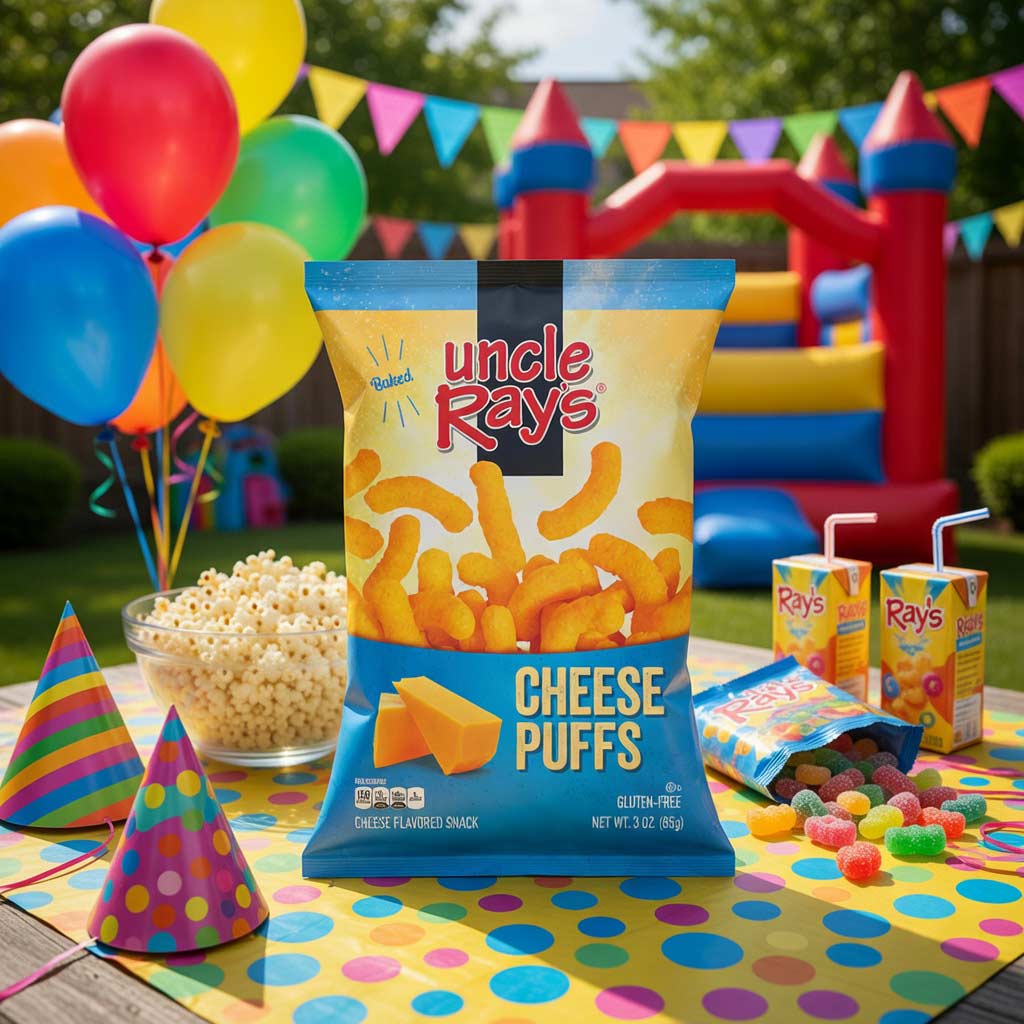 Uncle Ray's Cheese Puffs package on a party table with balloons, popcorn, and a bouncy castle in the background.