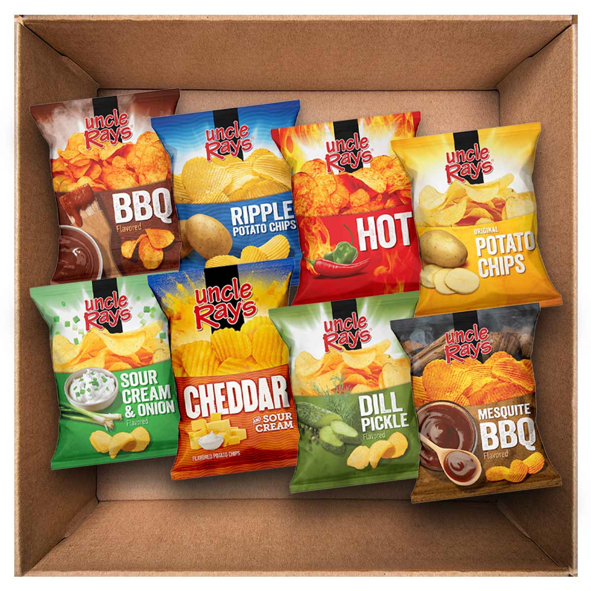 Assorted packages of Uncle Ray's potato chips in a cardboard box