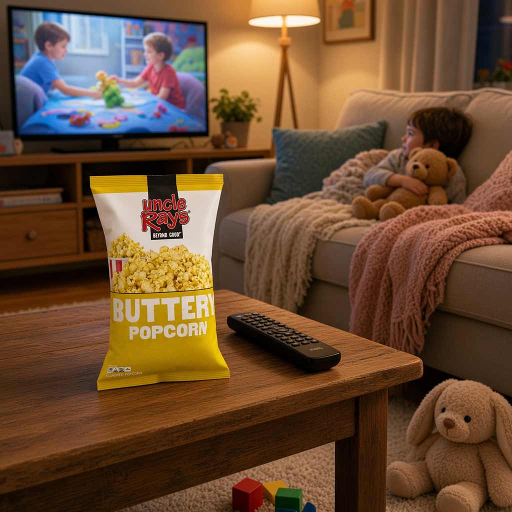 A bag of Uncle Ray's Buttery Popcorn sits on a wooden coffee table in a cozy living room, with a remote control beside it. In the background, a child is curled up on a couch watching television.