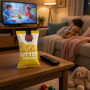 A bag of Uncle Ray's Buttery Popcorn sits on a wooden coffee table in a cozy living room, with a remote control beside it. In the background, a child is curled up on a couch watching television.