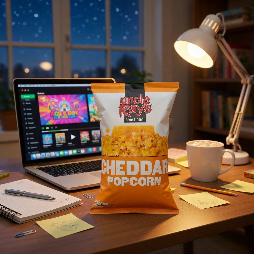 Uncle Ray's Cheddar Popcorn bag on a desk with a laptop and lamp in the background