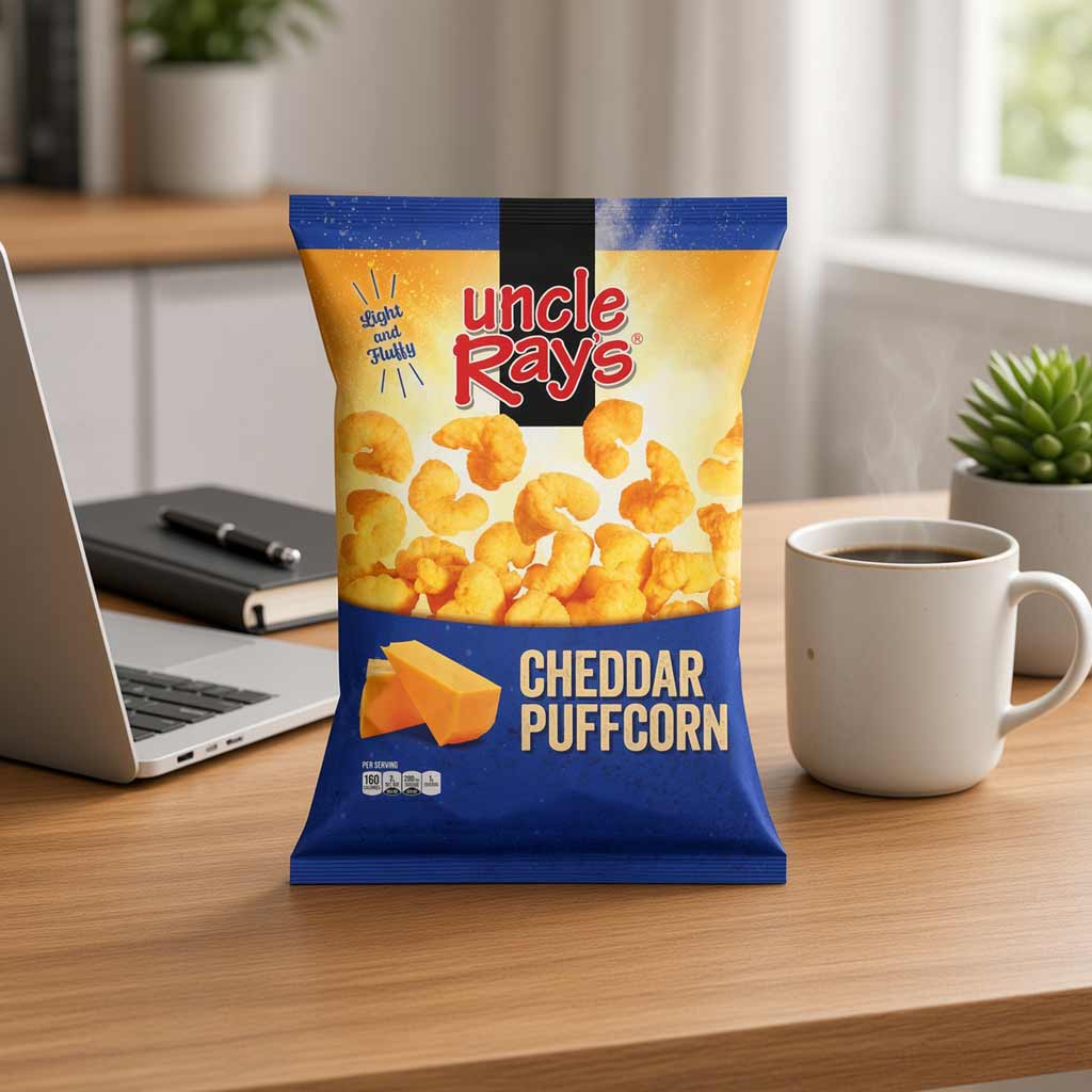 A bag of Uncle Ray's Cheddar Puffcorn snack chips stands on a wooden desk in a bright, modern workspace setting, surrounded by a laptop, a white coffee mug, and small potted plants.