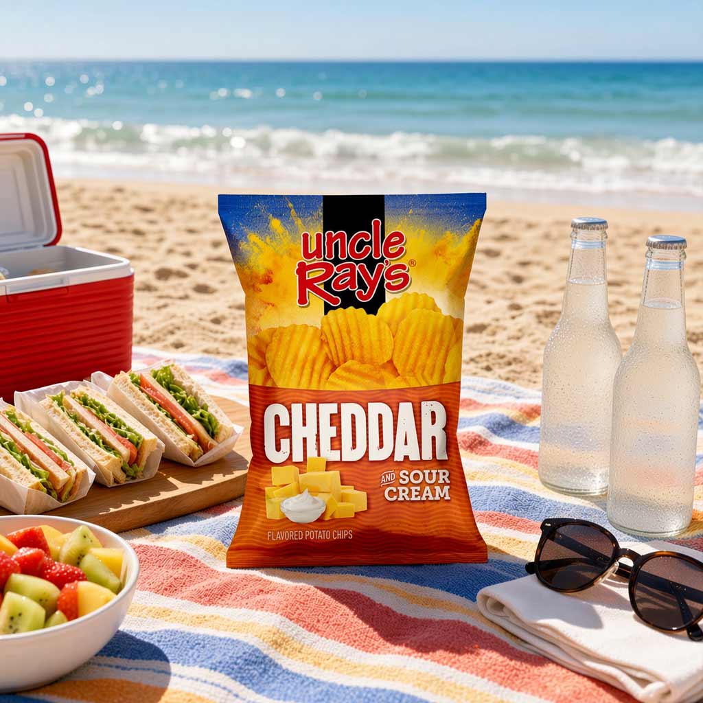 A bag of Uncle Rays Cheddar with Sour Cream potato chips stands on a striped beach blanket at the beach, with sandwiches, fruit, two soda bottles, and sunglasses nearby.