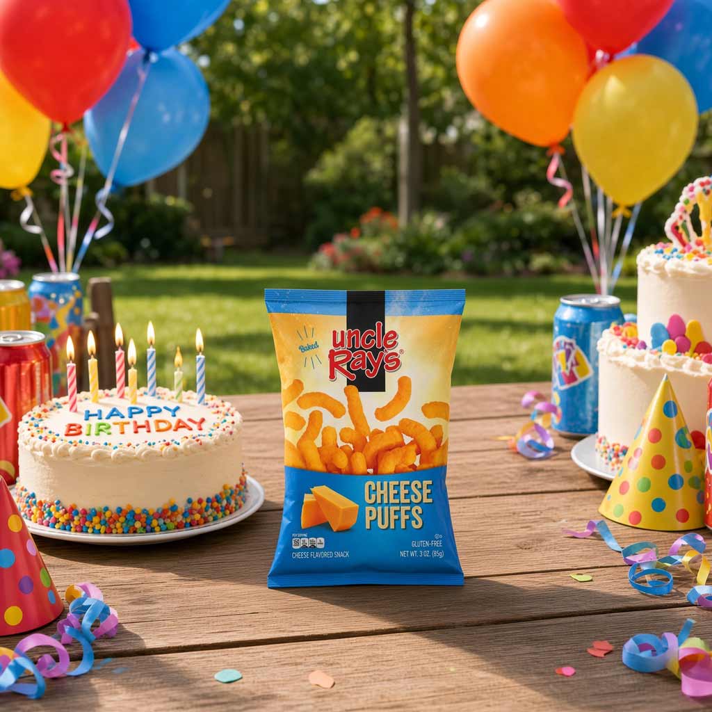 A bag of Uncle Ray's Cheese Puffs snack is displayed on a wooden table at a birthday party, surrounded by cakes, colorful balloons, and party hats.