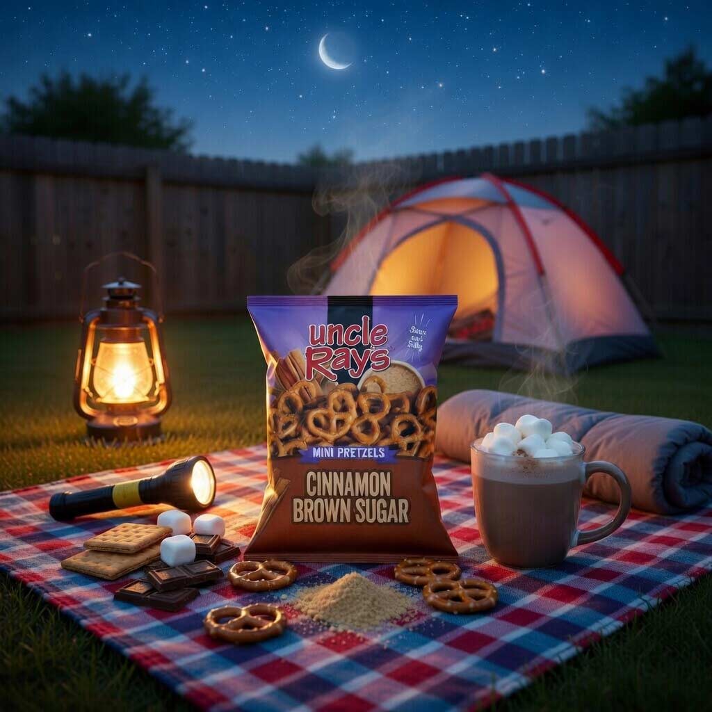 Camping scene with Uncle Ray's Cinnamon Brown Sugar mini pretzels, hot chocolate, and marshmallows on a checkered blanket.