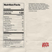 Nutrition facts label for Uncle Ray's cinnamon brown sugar pretzels on a beige background