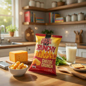 Uncle Ray's Crunchy Cheese Crunch snack bag on a kitchen counter with cheese, crackers, and milk.