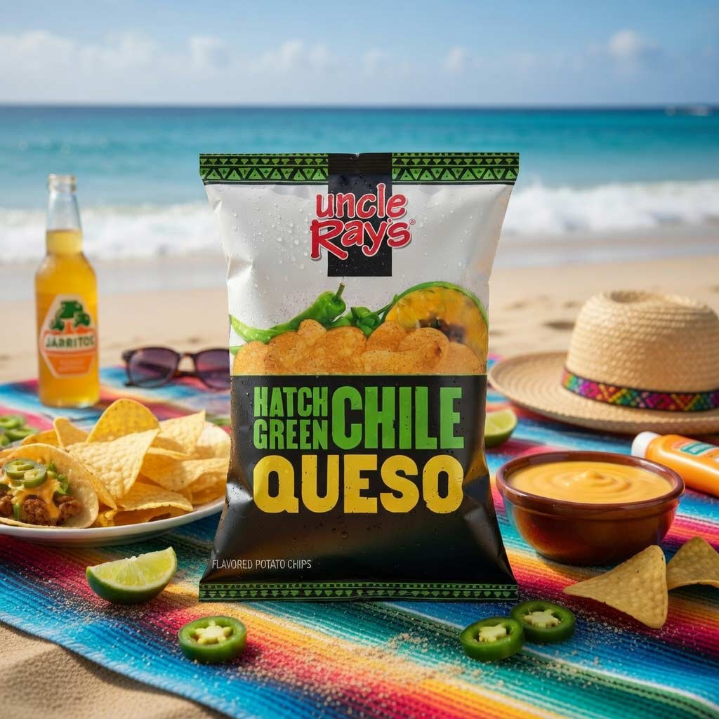 Uncle Ray's Hatch Green Chile Queso chips on a beach with a drink, sunglasses, and a hat.
