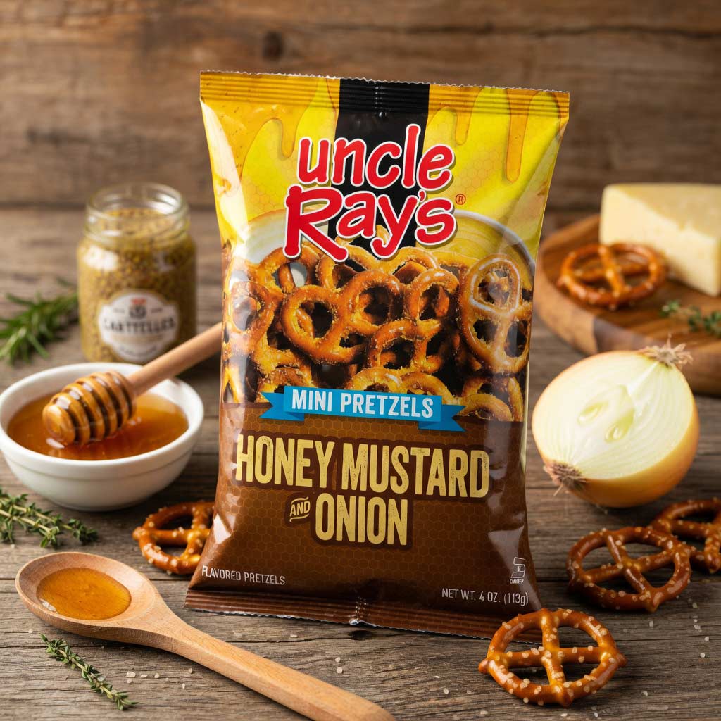Uncle Ray's Honey Mustard Onion pretzel package on a wooden table with pretzels and ingredients.