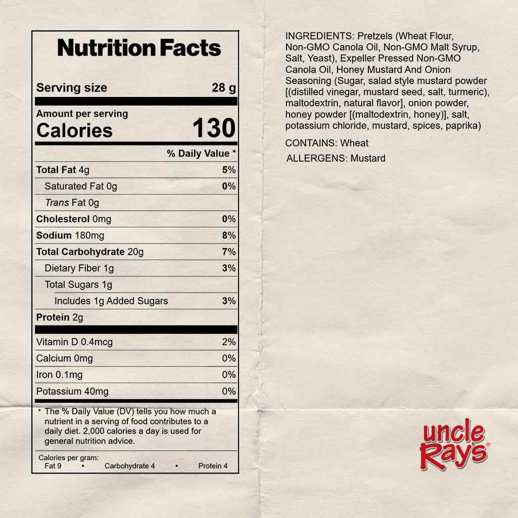 Nutrition facts label for Uncle Ray's honey mustard onion pretzels on a beige background
