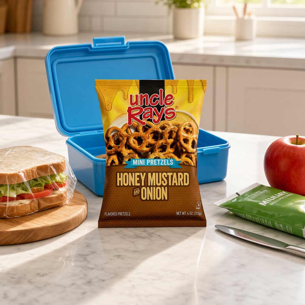 A bag of Uncle Ray's Honey Mustard Onion Mini Pretzels stands in front of an open blue lunchbox on a marble kitchen counter, with a sandwich, apple, and a second snack packet nearby.