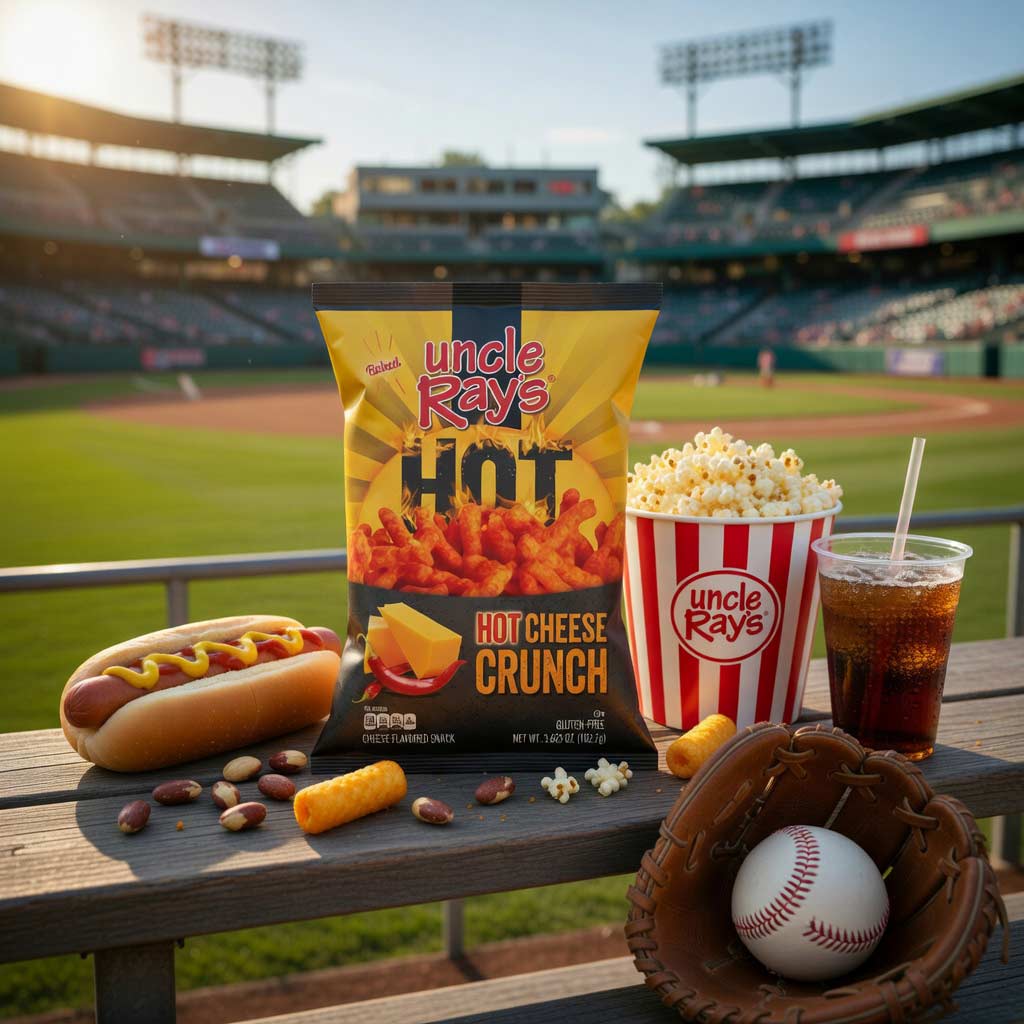Uncle Ray's Hot Cheese Crunch and a hot dog on a wooden bench at a baseball stadium with 'Uncle Ray's' branding.