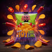 Uncle Ray's hot chili lime chips packaging with flying chips and peppers on a dark background