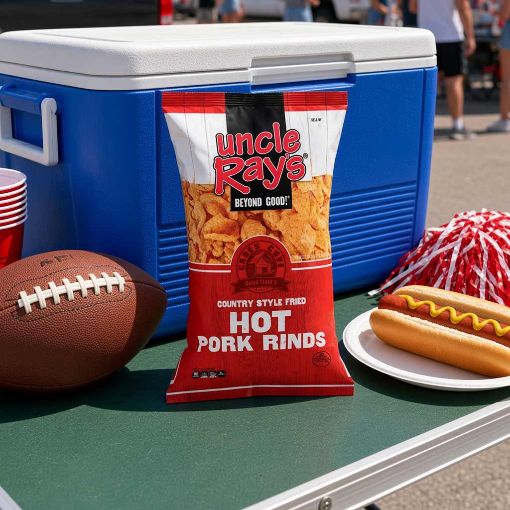 A bag of Uncle Rays Hot Pork Rinds standing on a green picnic table in front of a blue cooler, with a football, cups, a hot dog, and a red-and-white pom-pom tail in a sunny outdoor setting.