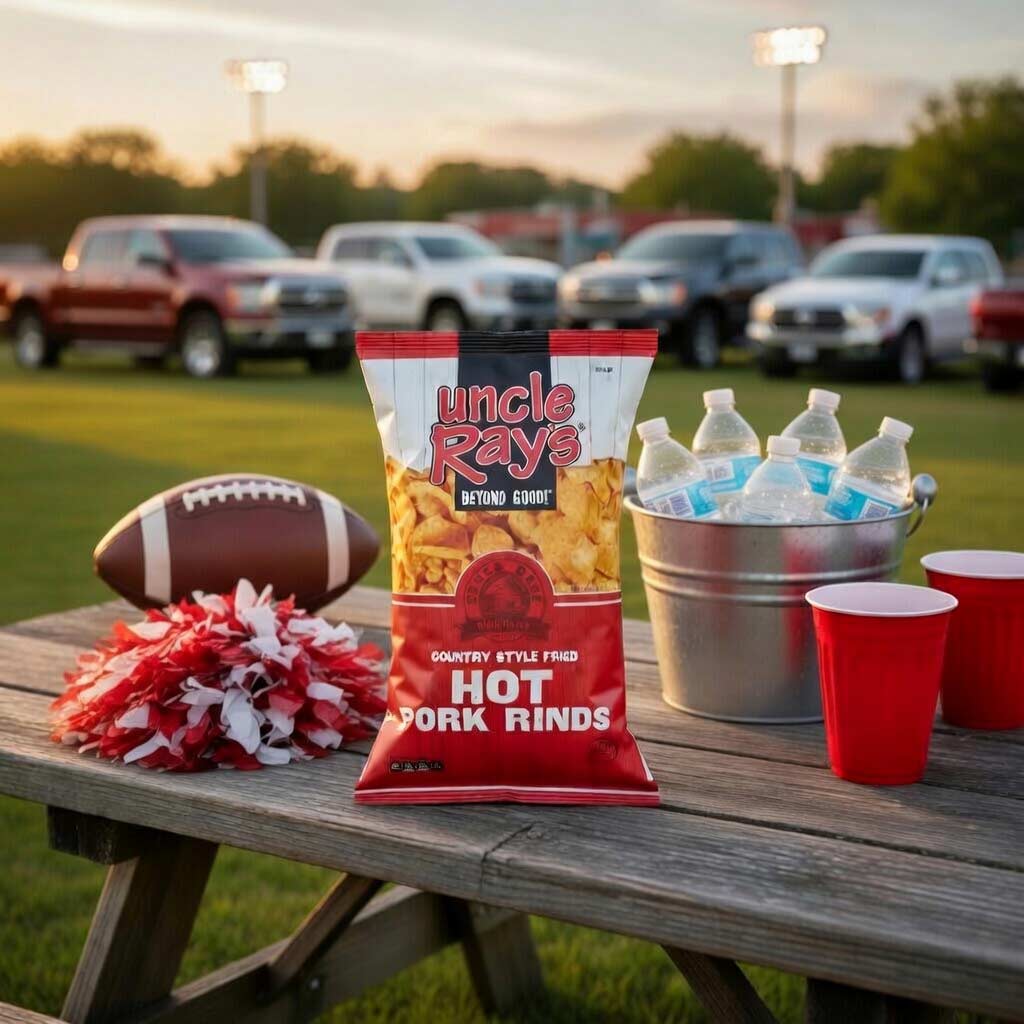 Uncle Ray's Hot Pork Rinds on a picnic table with football, pom-poms, and drinks in the background.