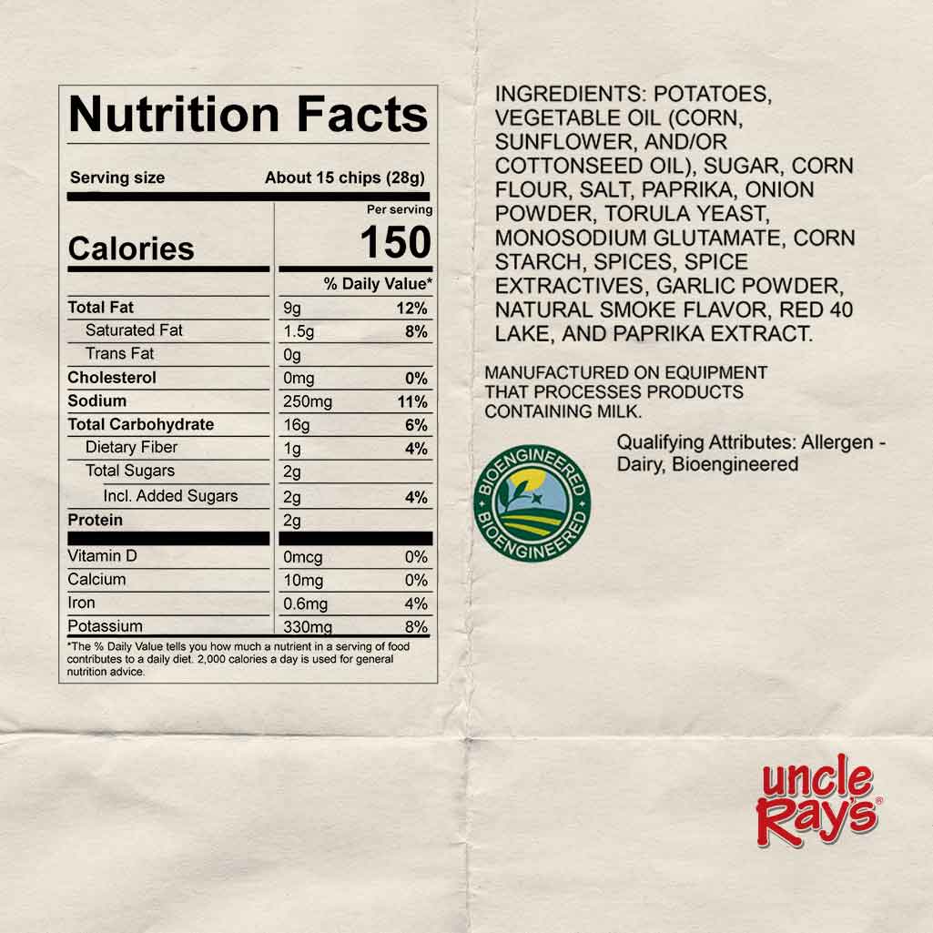 Nutrition facts label for Uncle Ray's Hot chips.
