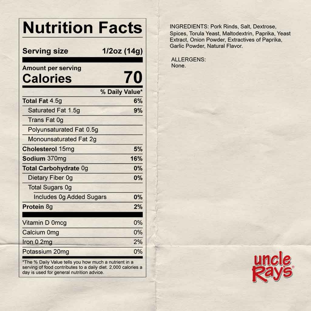 Nutrition facts label for Uncle Ray's hot pork rinds on a beige background