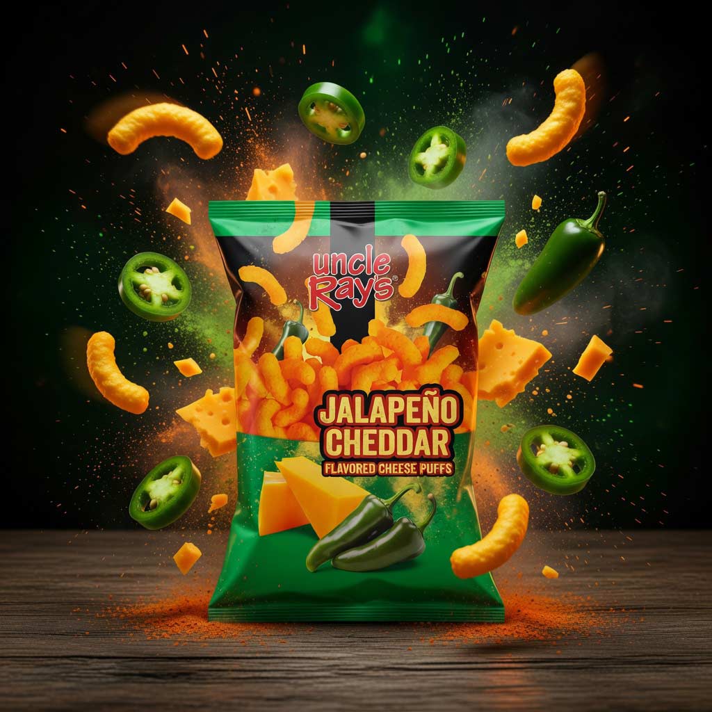 Uncle Ray's Jalapeno Cheddar cheese puffs packaging with flying cheese puffs and jalapenos on a dark background.