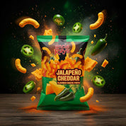 Uncle Ray's Jalapeno Cheddar cheese puffs packaging with flying cheese puffs and jalapenos on a dark background.