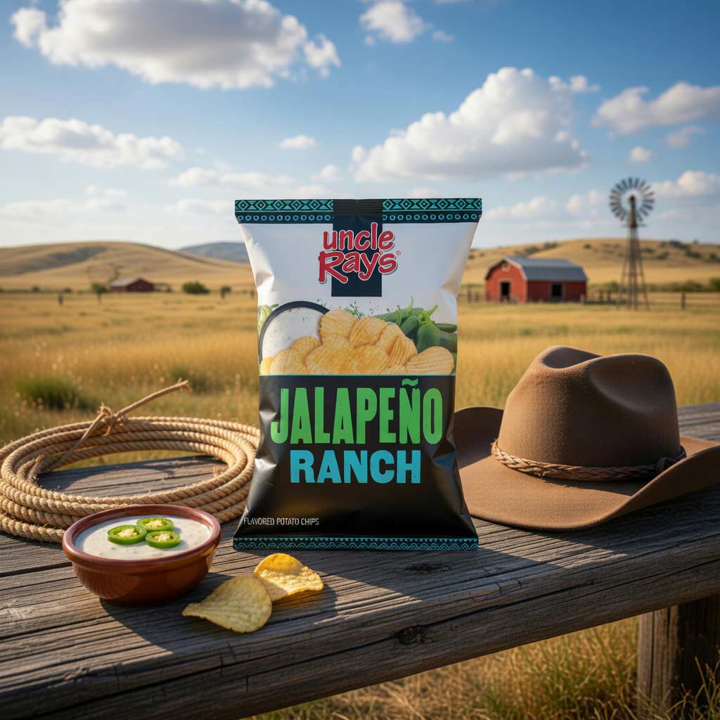 Uncle Ray's Jalapeño Ranch chips bag with chips and dip on a wooden table against a rural landscape.