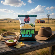 Uncle Ray's Jalapeño Ranch chips bag with chips and dip on a wooden table against a rural landscape.