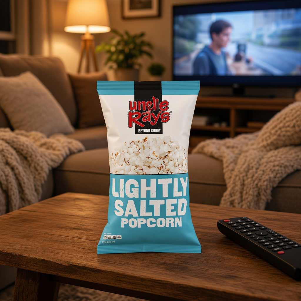 A bag of Uncle Ray's Lightly Salted Popcorn stands on a wooden table in a cozy living room setting, with a blurred TV, couch, and lamp in the background.