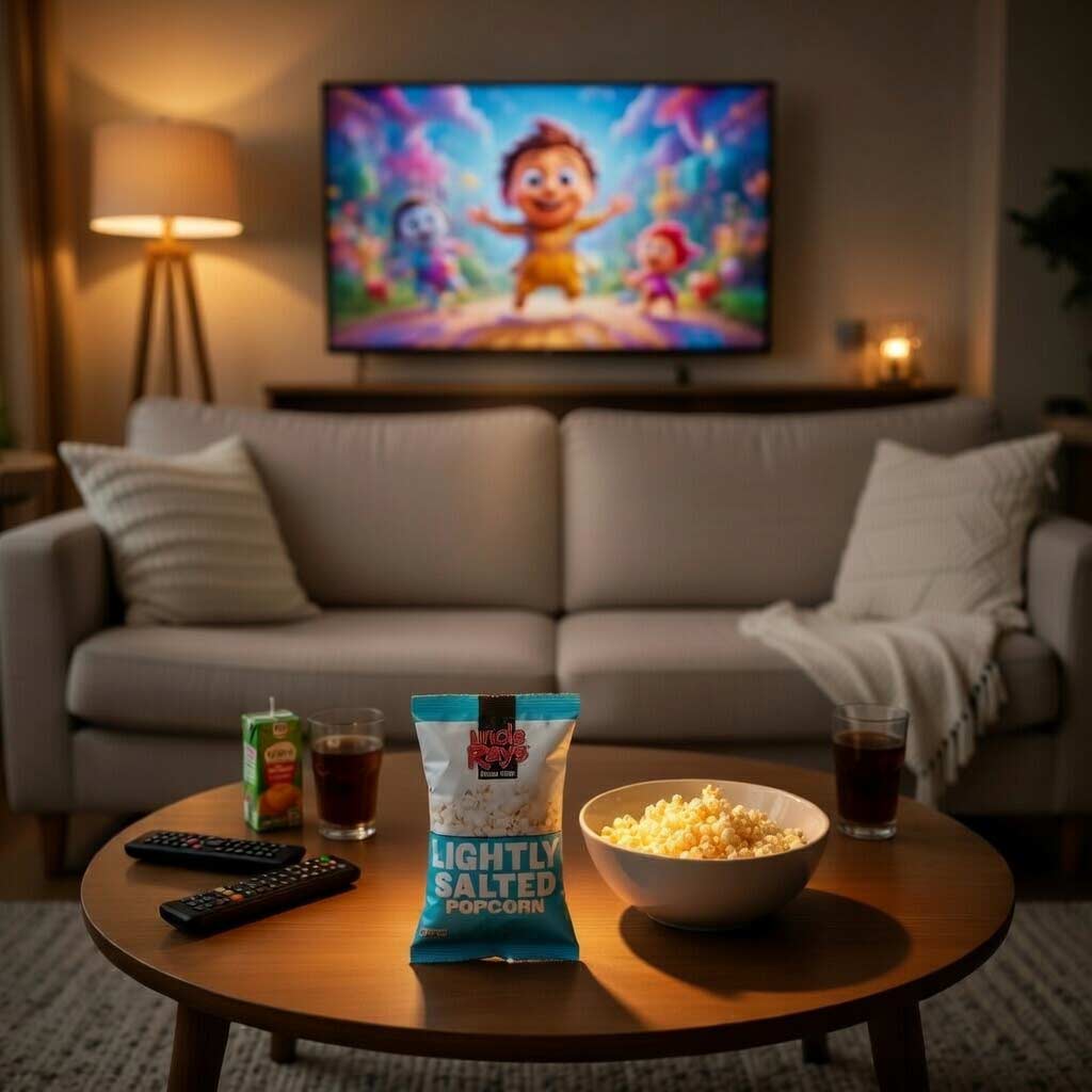 Uncle Ray's lightly salted popcorn in a living room with a movie on the tv.