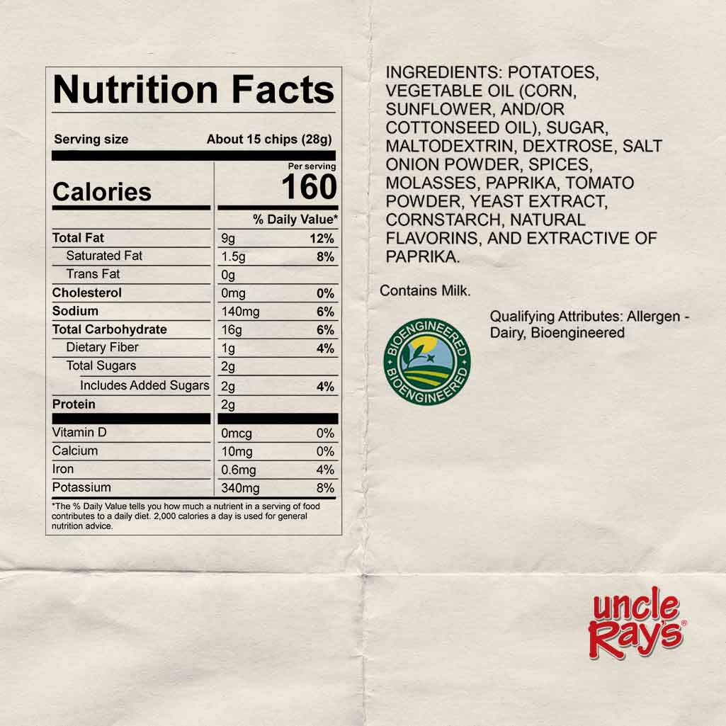 Nutrition facts label for Uncle Ray's Mesquite BBQ chips.
