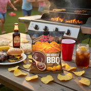 Uncle Ray's Mesquite BB Chips surrounded by a grill in a back yard.