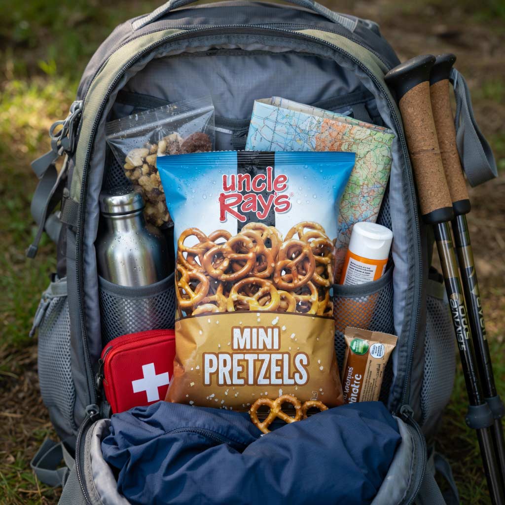 Open backpack with hiking gear and a bag of Uncle Ray's Mini Pretzels.