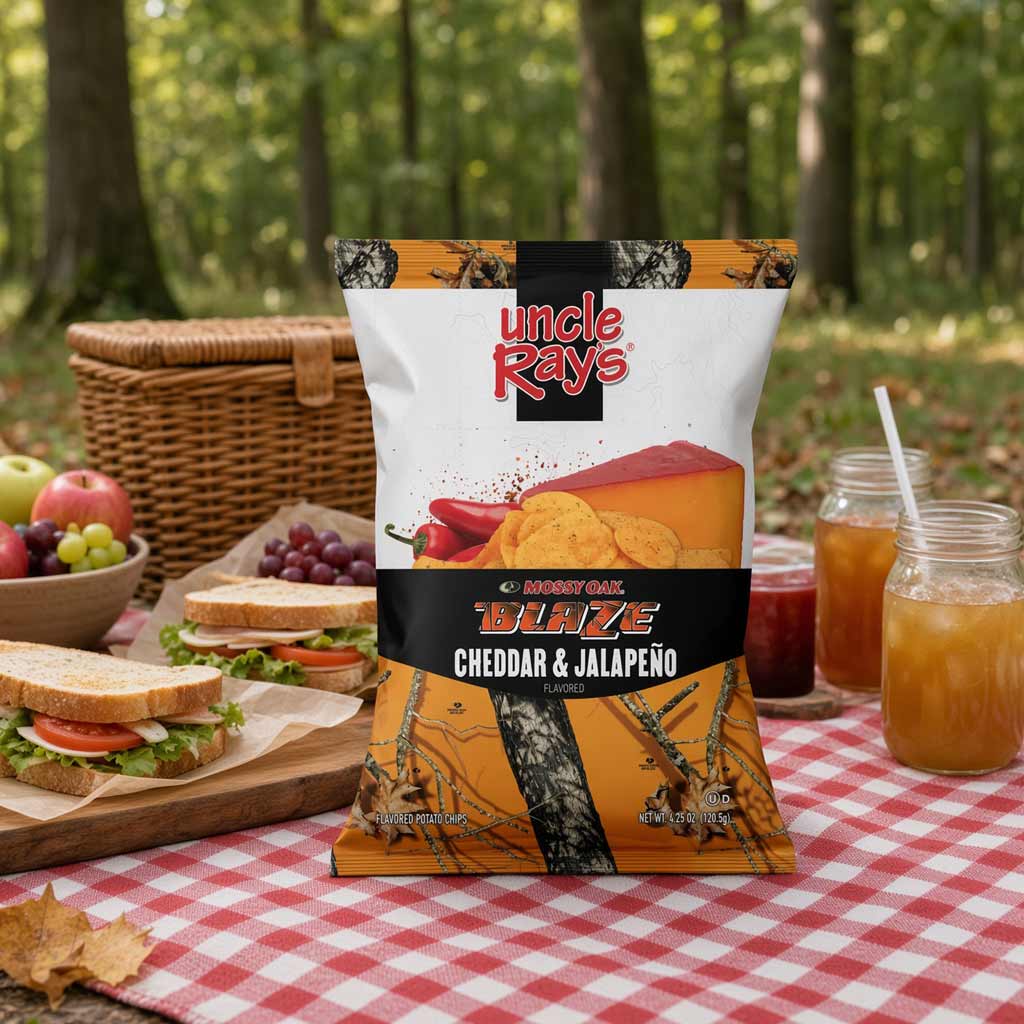 A bag of Uncle Ray's Cheddar & Jalapeño flavored potato chips is displayed on a red and white checkered picnic blanket in a forest setting. Surrounding the chips are a wicker picnic basket, fresh sandwiches, grapes, apples, mason jars of iced tea, and a blurred woodland background.