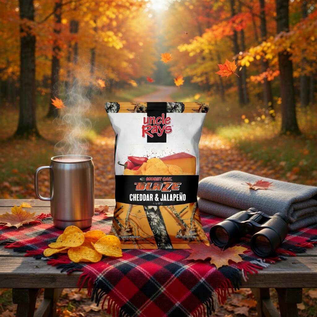 Bag of Uncle Ray's Mossy Oak® Cheddar & Jalapeno chips on a picnic table with autumn leaves and a blanket in the background.