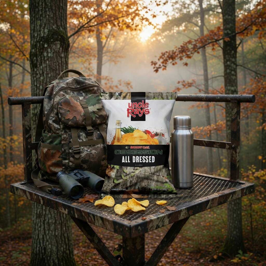 Uncle Ray's Mossy Oak® Obsession All Dressed chips in a deer stand in a forest