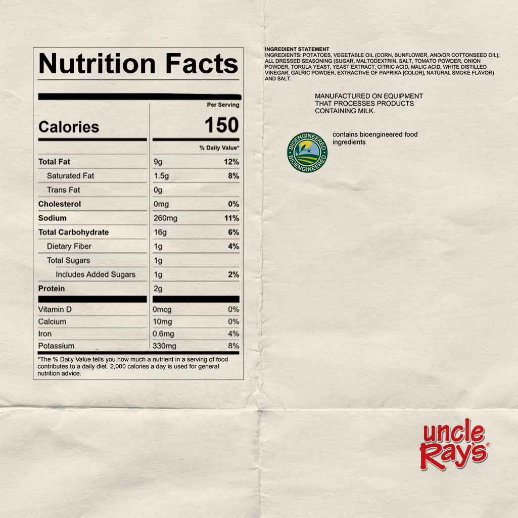 Nutrition facts label for Uncle Ray's Mossy Oak® All Dressed chips.