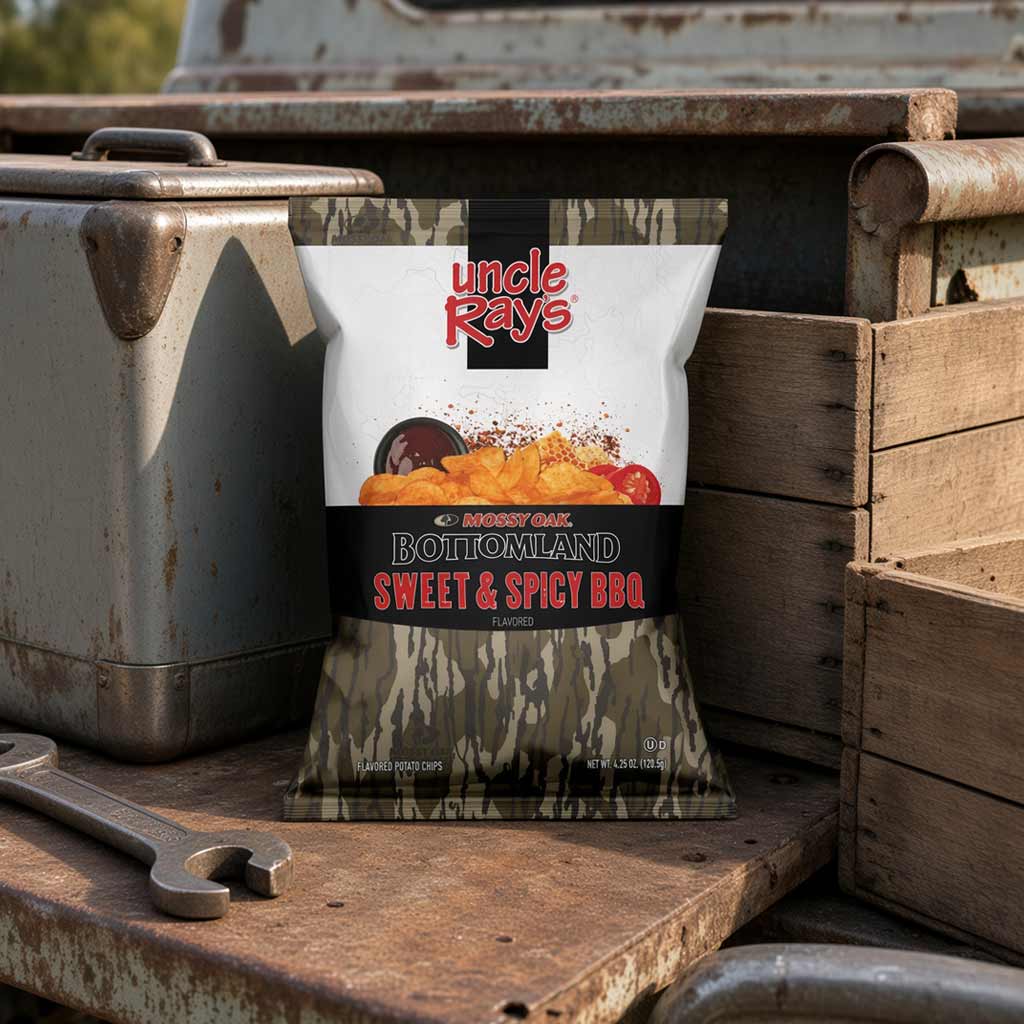 A bag of Uncle Ray's Bottomland Sweet & Spicy BBQ Flavored Potato Chips stands on a weathered wooden surface next to a metal toolbox and wooden crates. The packaging features a white top half with the red and black Uncle Ray's logo, a central image of golden-brown chips with red pepper flakes, and a camouflage-patterned bottom half.