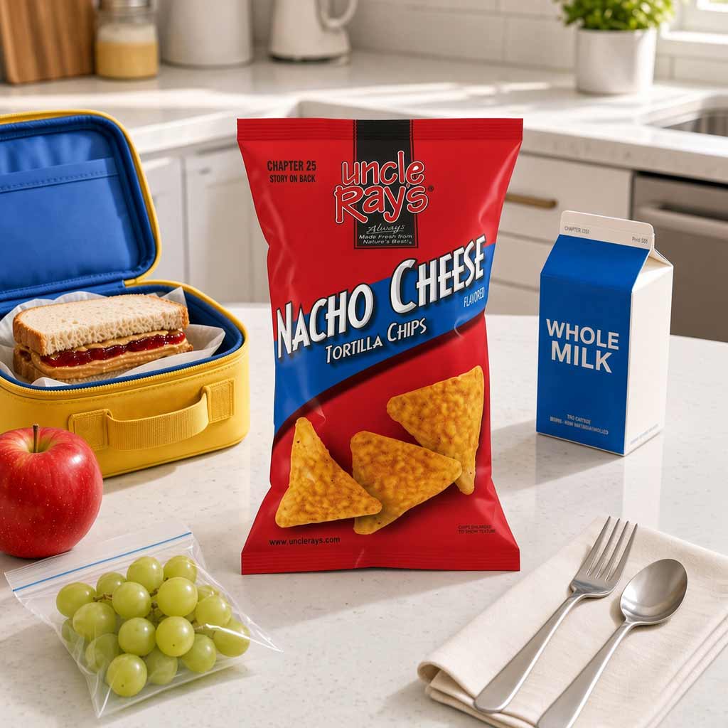 A bag of Uncle Ray's Nacho Cheese Tortilla Chips stands on a kitchen counter surrounded by a yellow lunchbox with a sandwich, a whole milk carton, an apple, green grapes, and utensils.