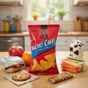 Uncle Ray's Nacho Cheese tortilla chips on a kitchen counter with snacks and a sandwich.
