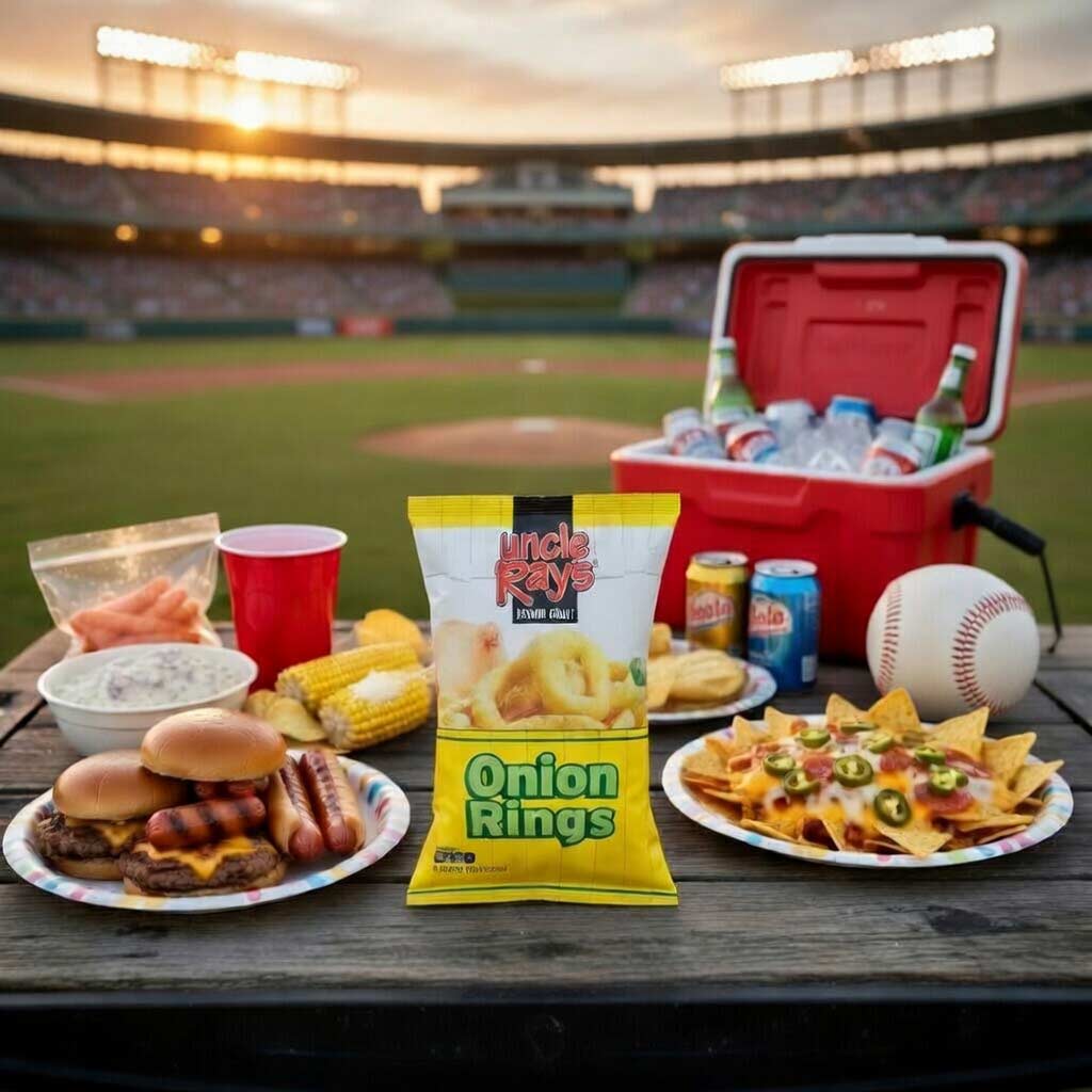 Baseball game setup with Uncle Ray's Onion Rings, food and drinks on a table in front of a stadium.
