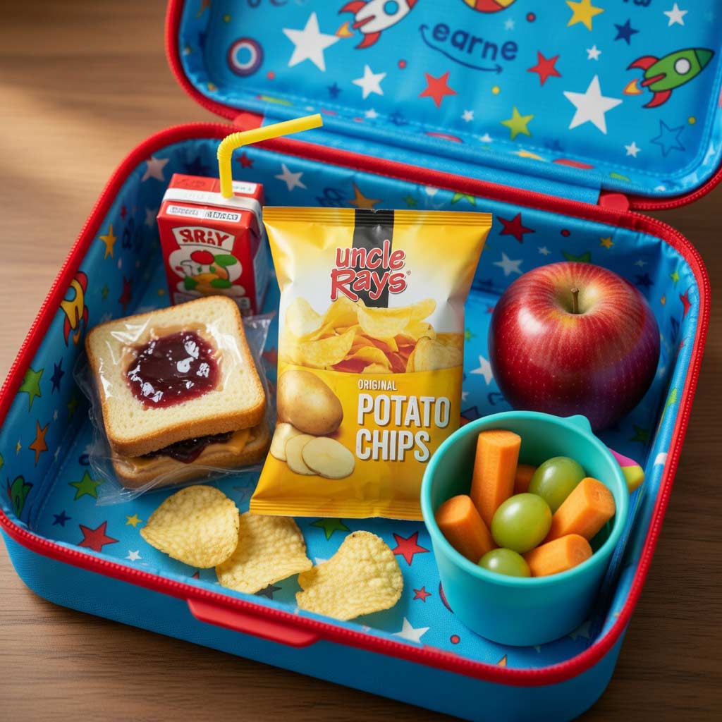 Uncle Ray's Original potato chips and a Colorful lunchbox with snacks including a sandwich, and fruits.