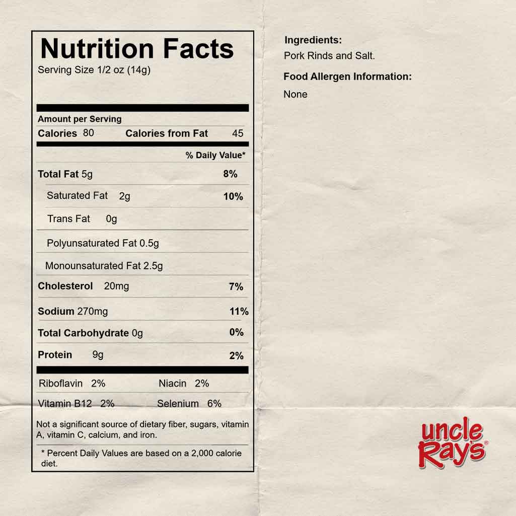 Nutrition facts label for Uncle Ray's pork rinds on a beige background